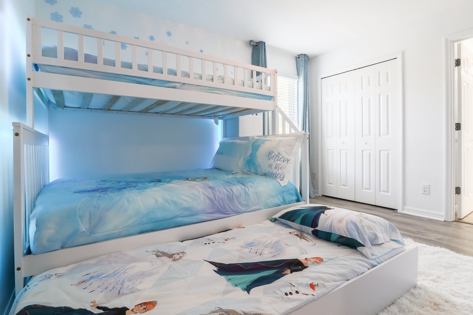 Bedroom 5 Frozen themed with Twin/Full bunk bed, Twin trundle, Smart TV, and Jack & Jill style bathroom (2nd floor)
