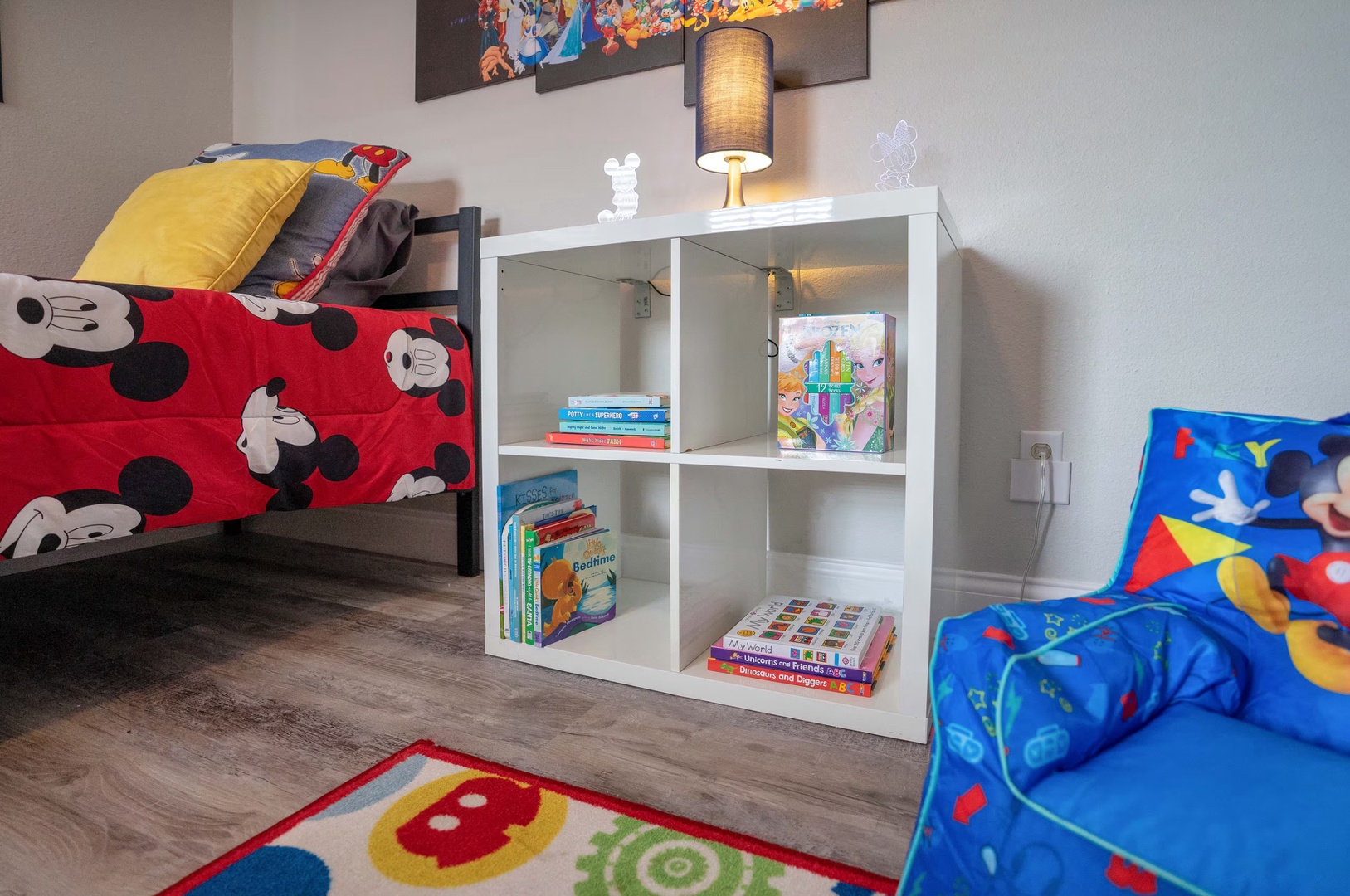 The magical Disney-themed bedroom has two plush twin beds & smart TV