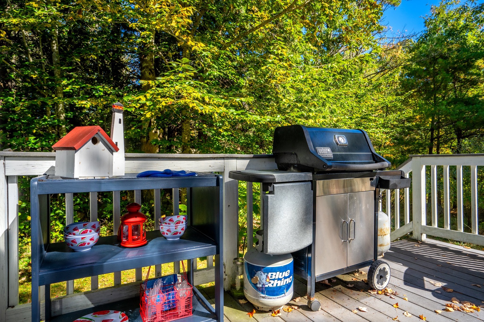 Spacious deck with outdoor seating and grill