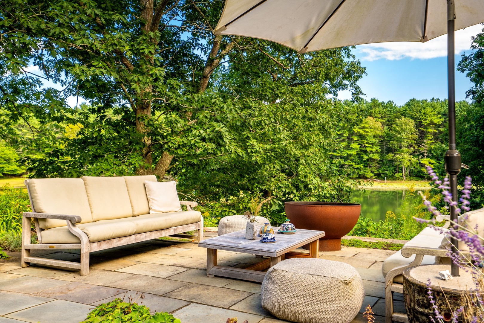 Front patio with outdoor seating and stunning water views