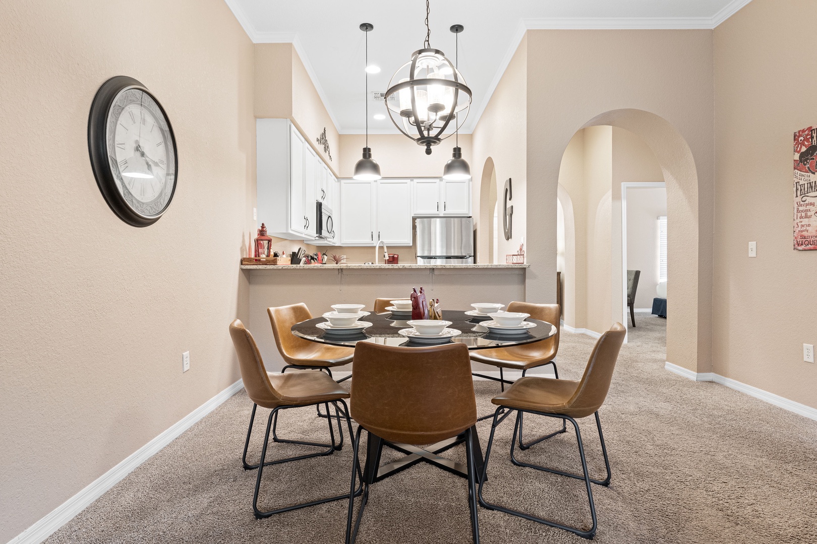 Gather for meals together at the dining table, with seating for 6