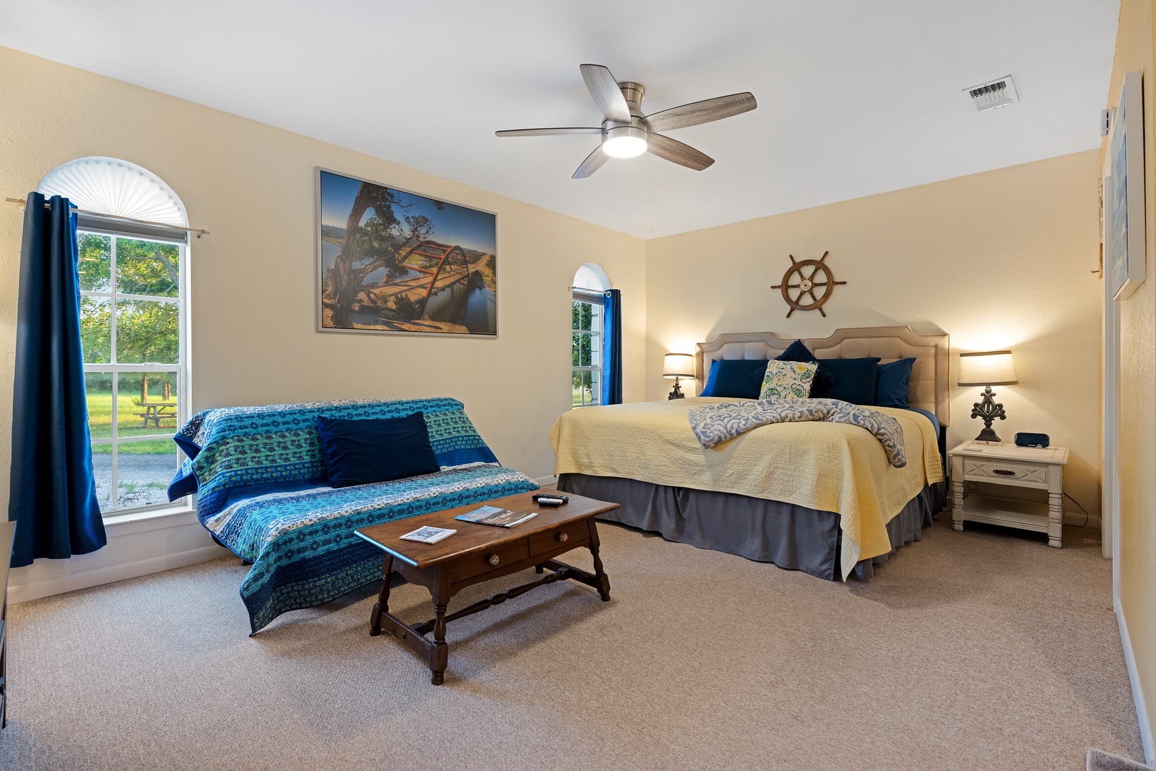 The casita offers a comfortable king bed, private bathroom, and Smart TV