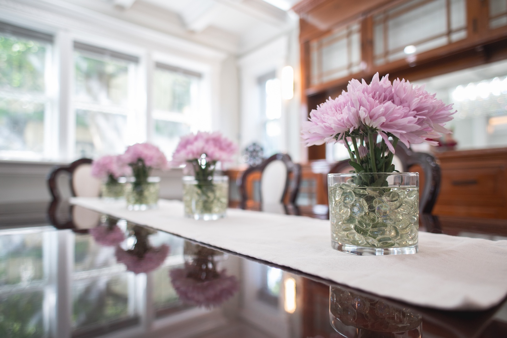 Elegant formal meals can be enjoyed in the dining room, offering seating for 6