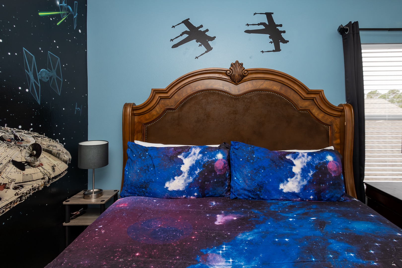 Second-floor Star Wars-themed king bedroom—galactic comfort awaits