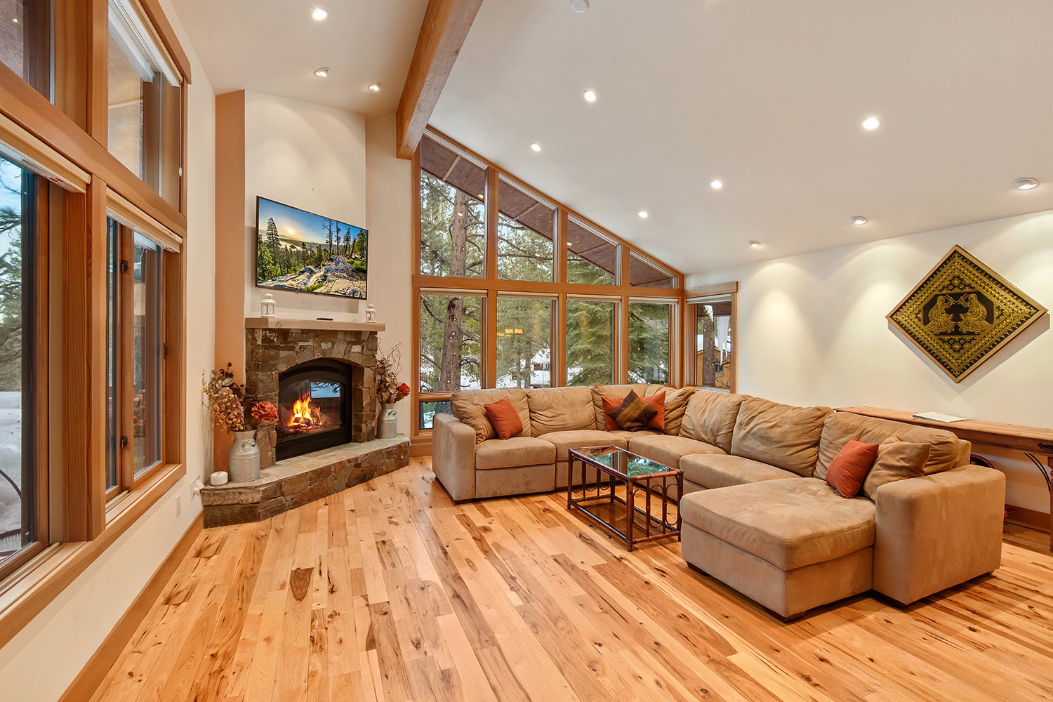 Spacious living space with Smart TV, and fireplace