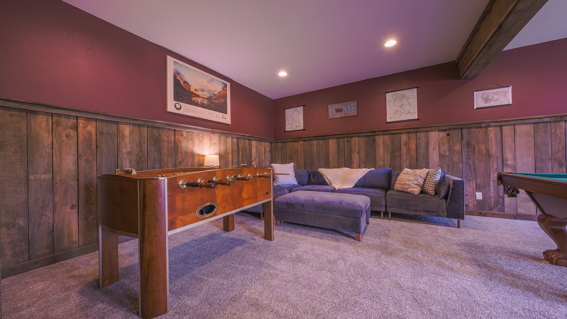 Basement game room with foosball, pool table and murphy bed