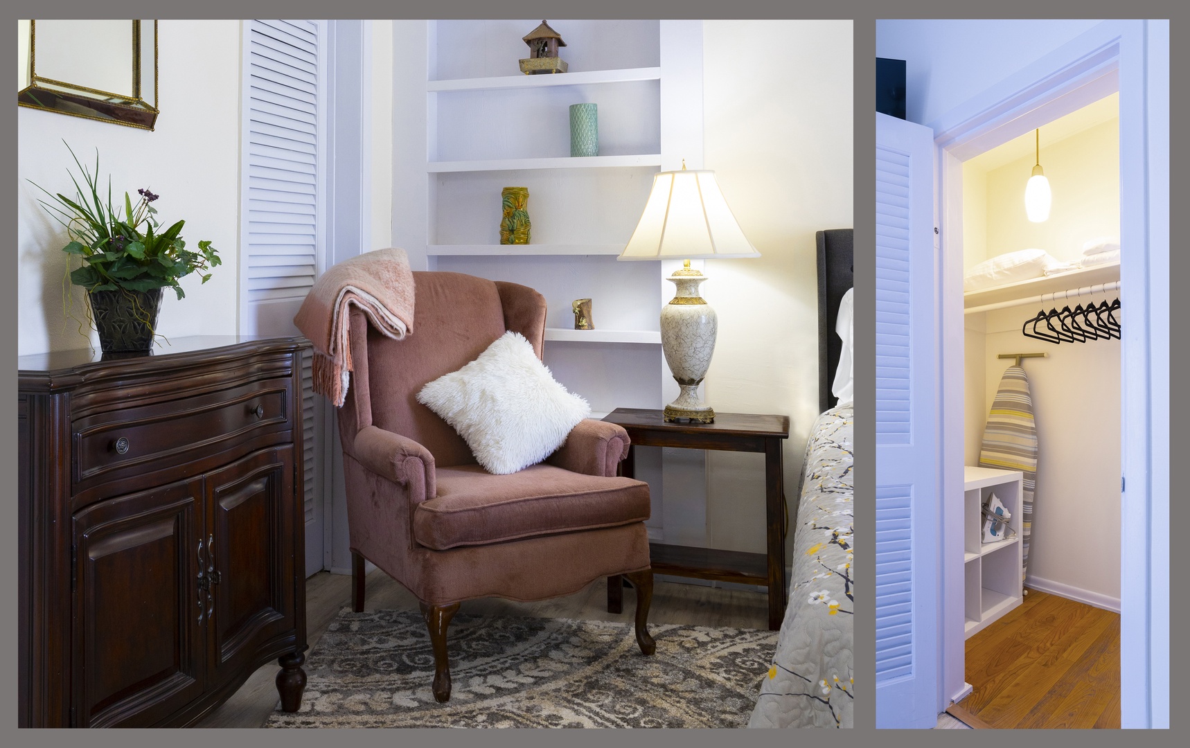 The bedroom features a cozy reading spot as well as a walk-in closet