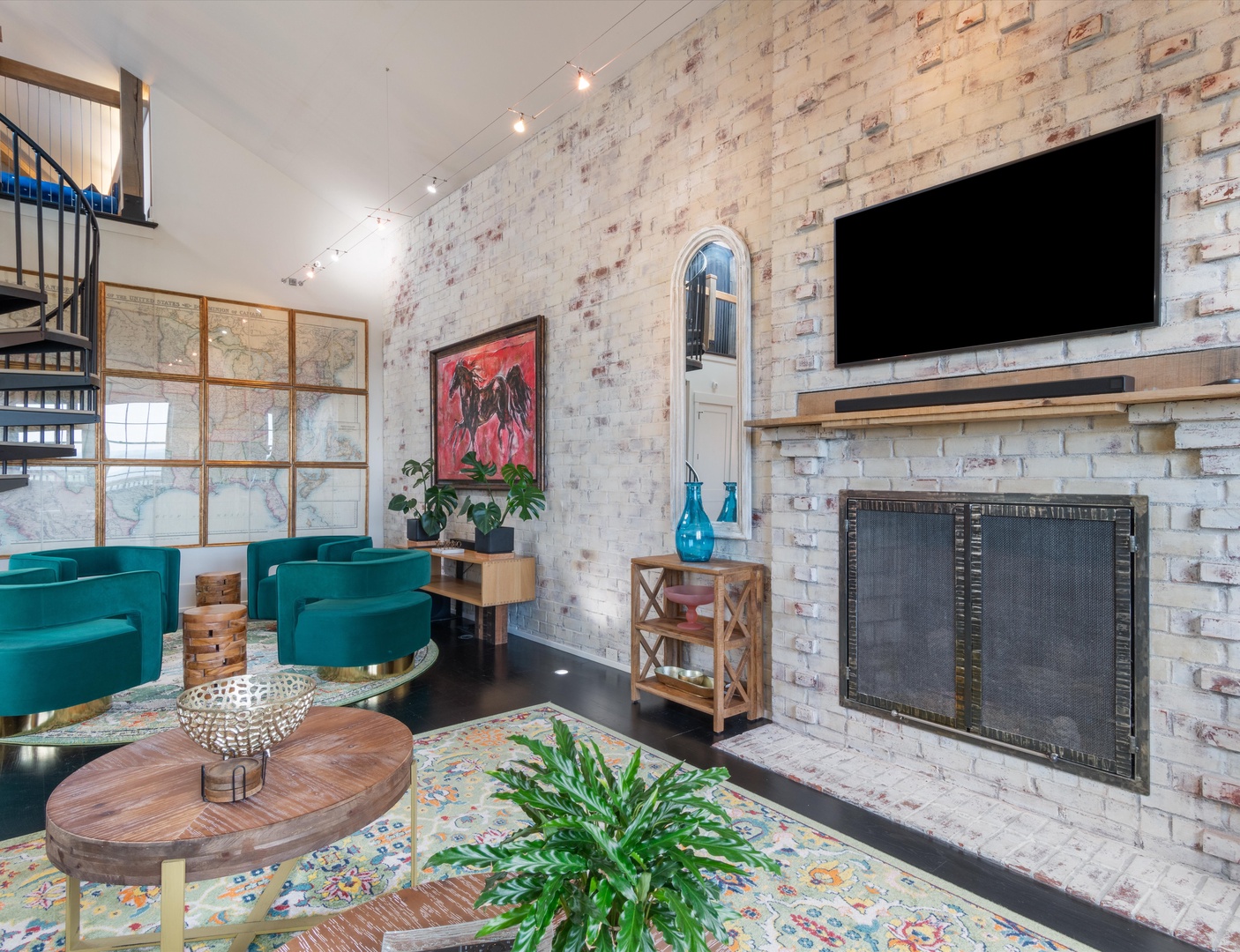 Living area with ample seating, fireplace, and Smart TV