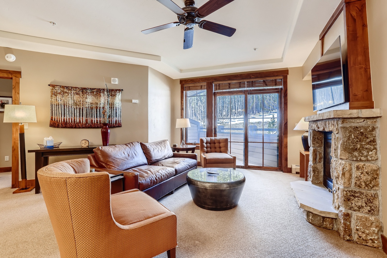 Living room with sofa bed, fireplace, and TV