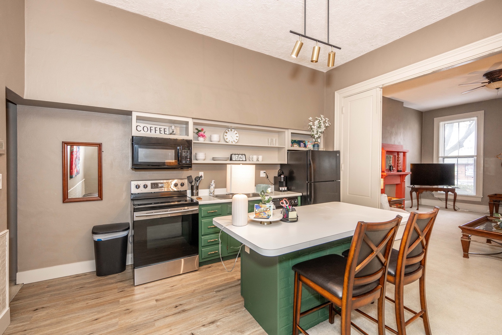 Sip morning coffee or grab a bite at the kitchen counter, with seating for 2