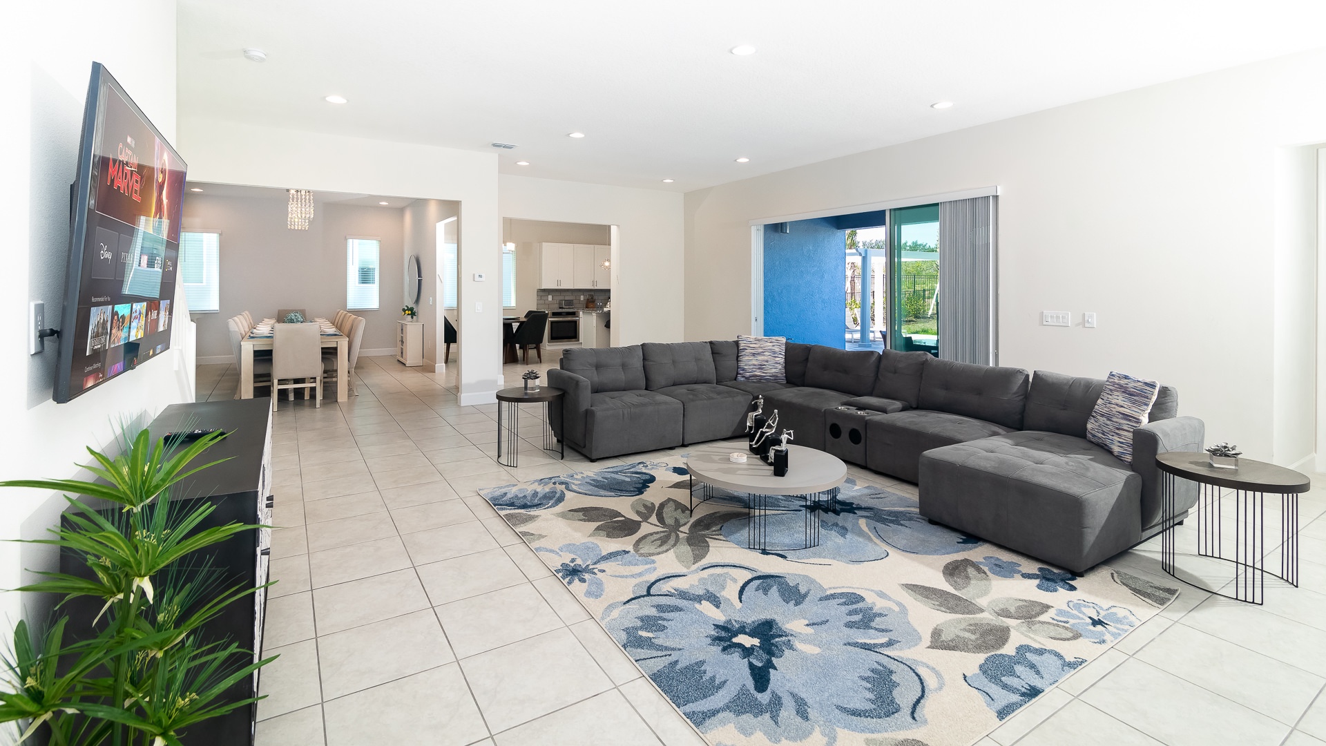 Plush sectional couch and a smart TV, perfect for lounging and catching up on your favorite shows