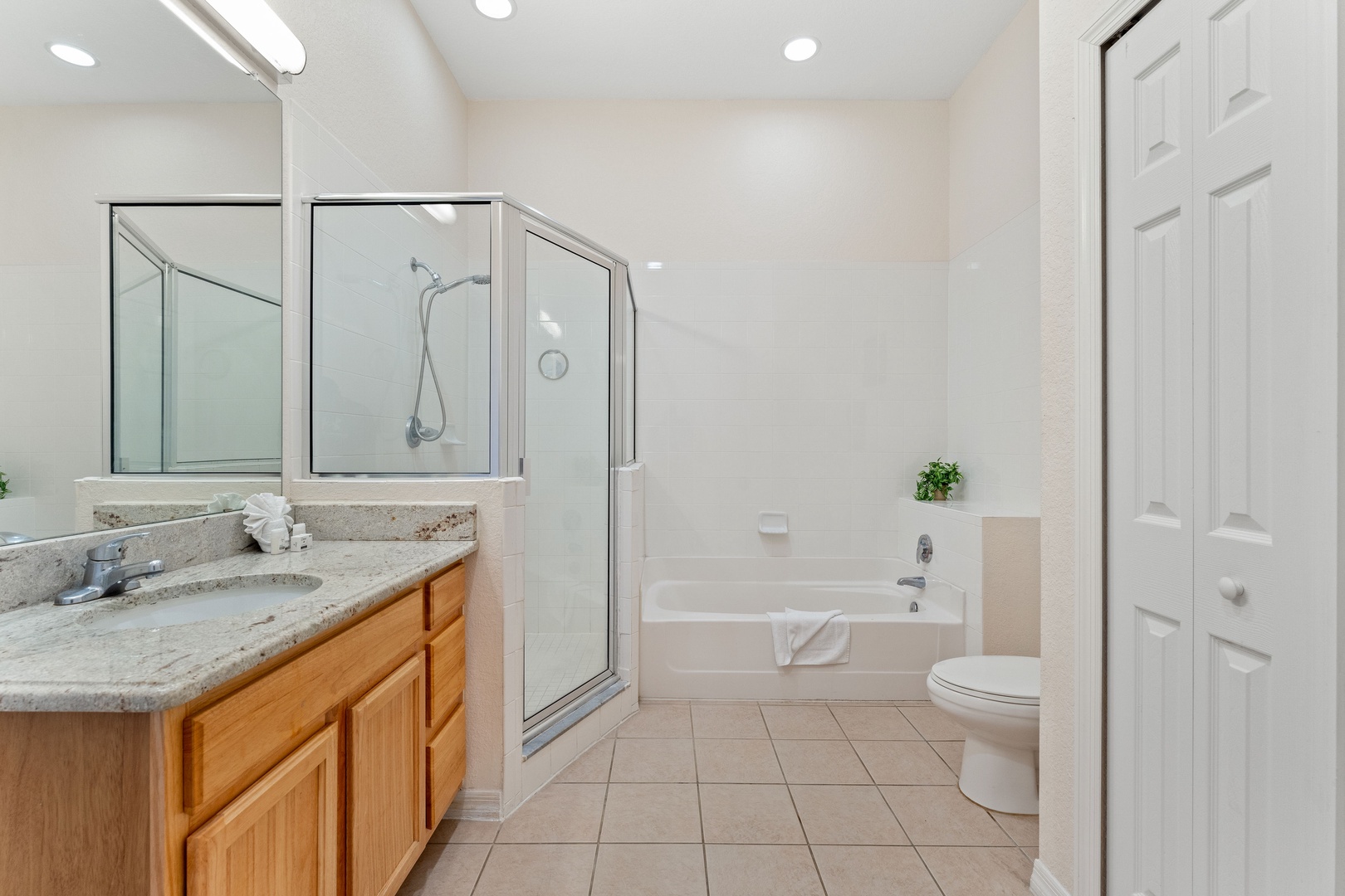 Spacious shared bath with single vanity, walk-in shower & soaking tub