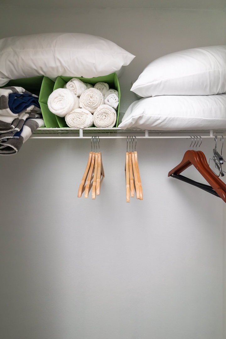 Ample closet space in each bedroom with additional pillows and blankets for your comfort!
