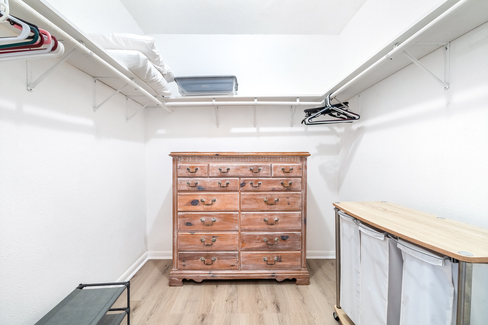 Keep clothes & bags neatly tucked away in this walk-in closet