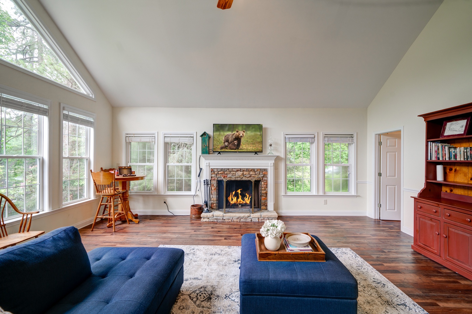 Curl up in the living room & stream your favorites with tranquil lake views