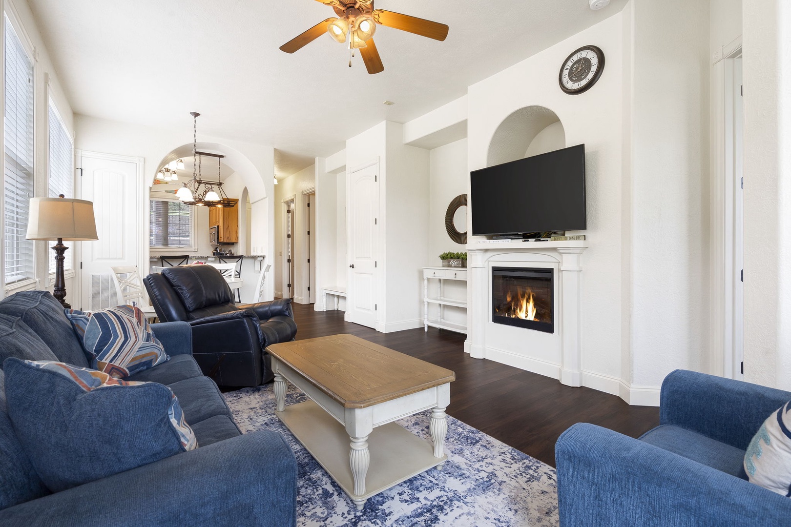 Curl up by the fireplace for a movie or to enjoy the views from the living room