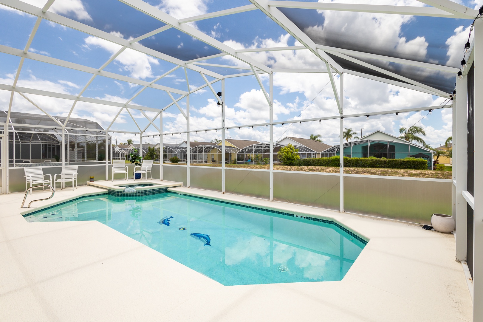 Screened in private pool with out door seating