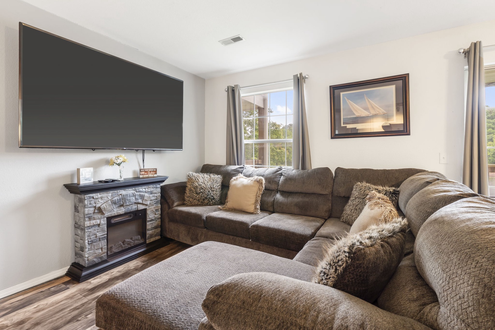 Open living space with ample seating and Smart TV