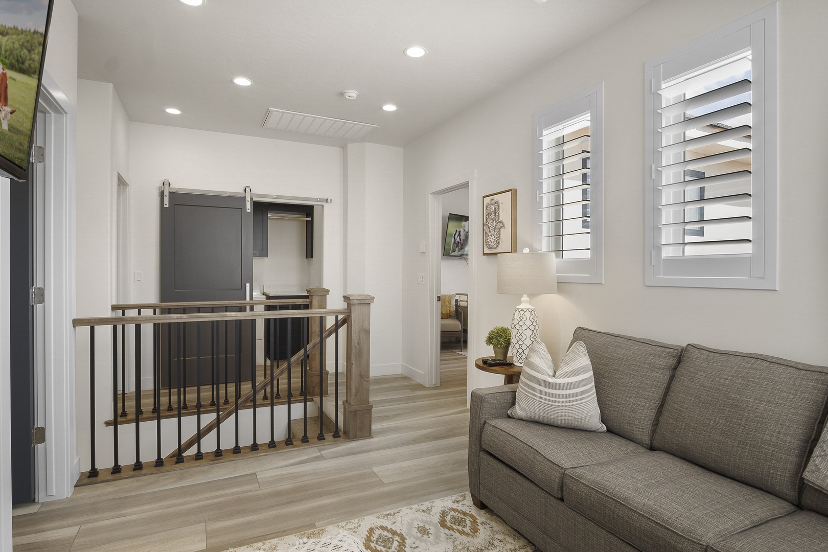 Family room with TV and full-size sofa bed