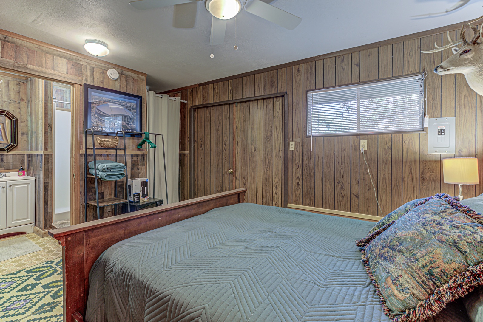 The bungalow bedroom includes a cozy full bed, Smart TV, & ensuite bath