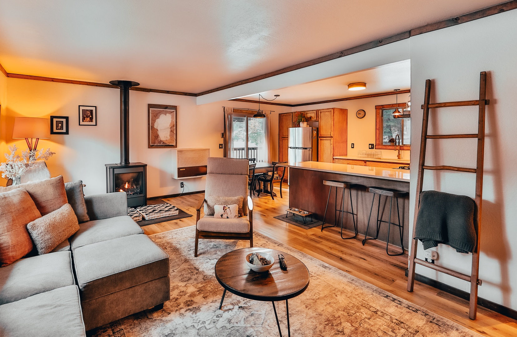 Very bright and cozy living room with fireplace