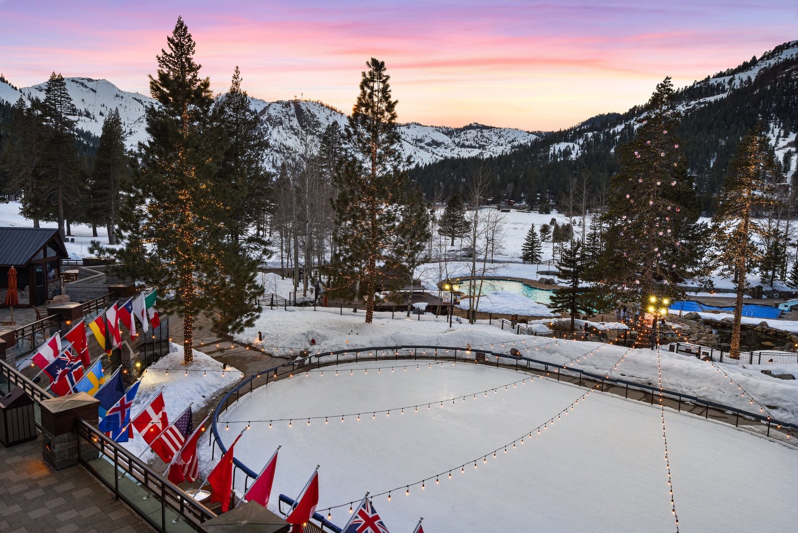 Resort at Squaw Creek in winter with ice skating, pool, ski in/out, access to hiking/biking trails