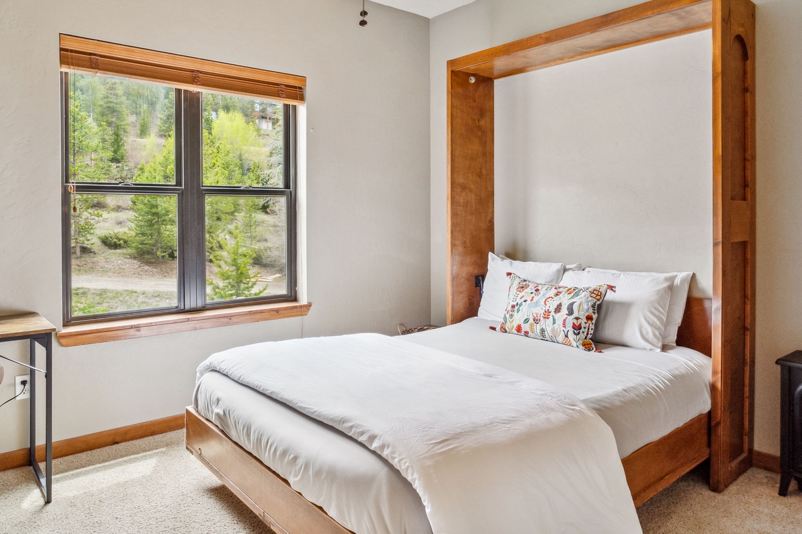 This main-level bedroom retreat features a queen Murphy bed & smart TV