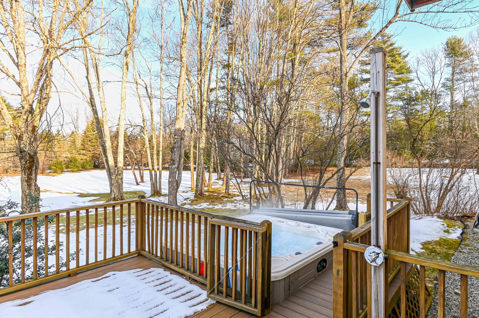 Soak the day away in the hot tub or rinse off the summer sand at the outdoor shower
