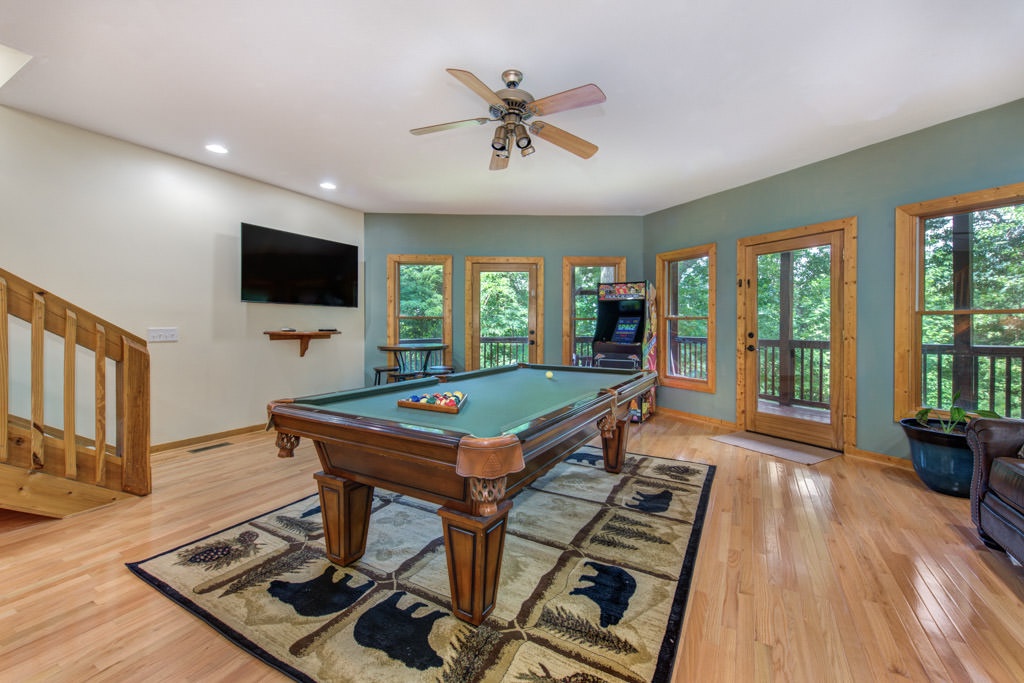 Ready for a game night? Lower level game room also includes a sleeper sofa and twin/full bunk