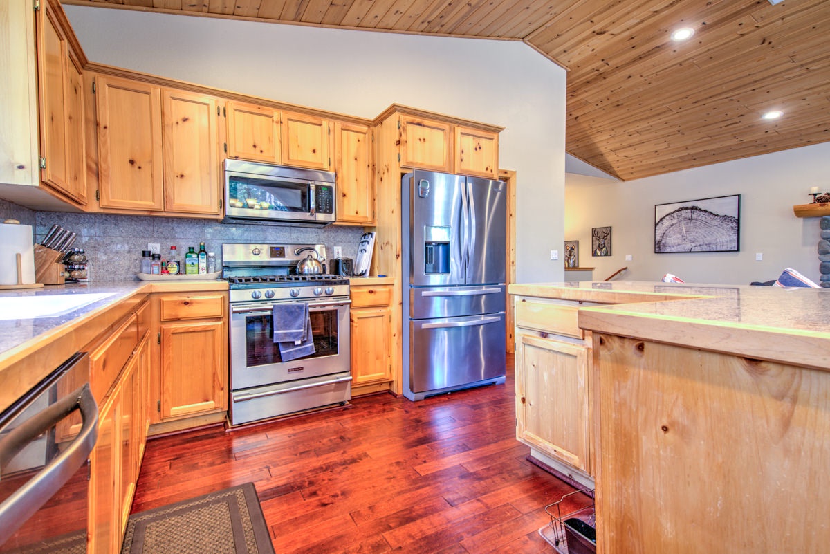 Full kitchen with toaster, coffee maker, and more