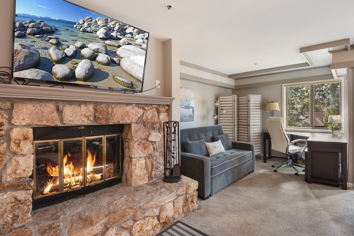Wood fireplace and Smart TV