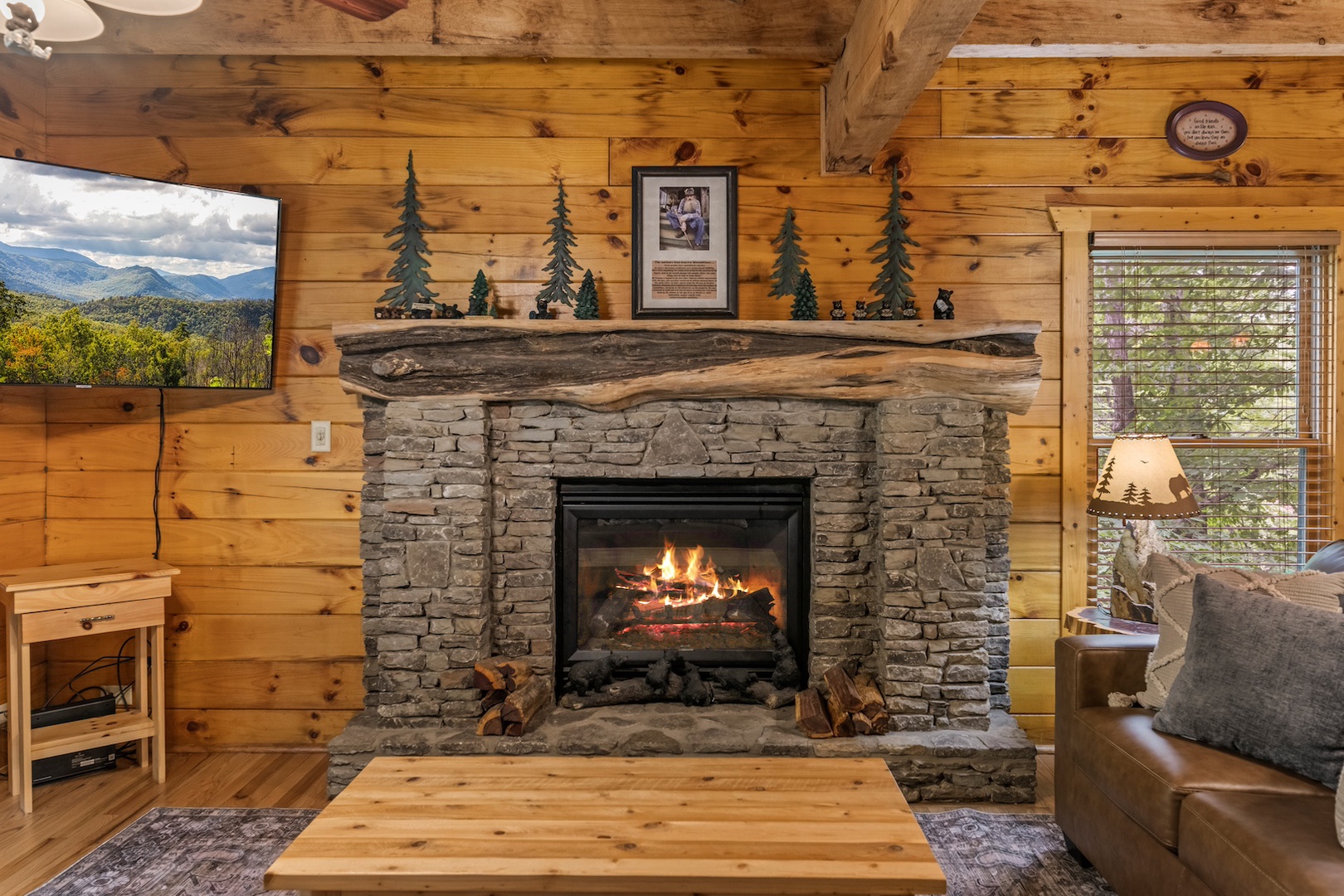 Living area with leather seating, gas fireplace, and Smart TV