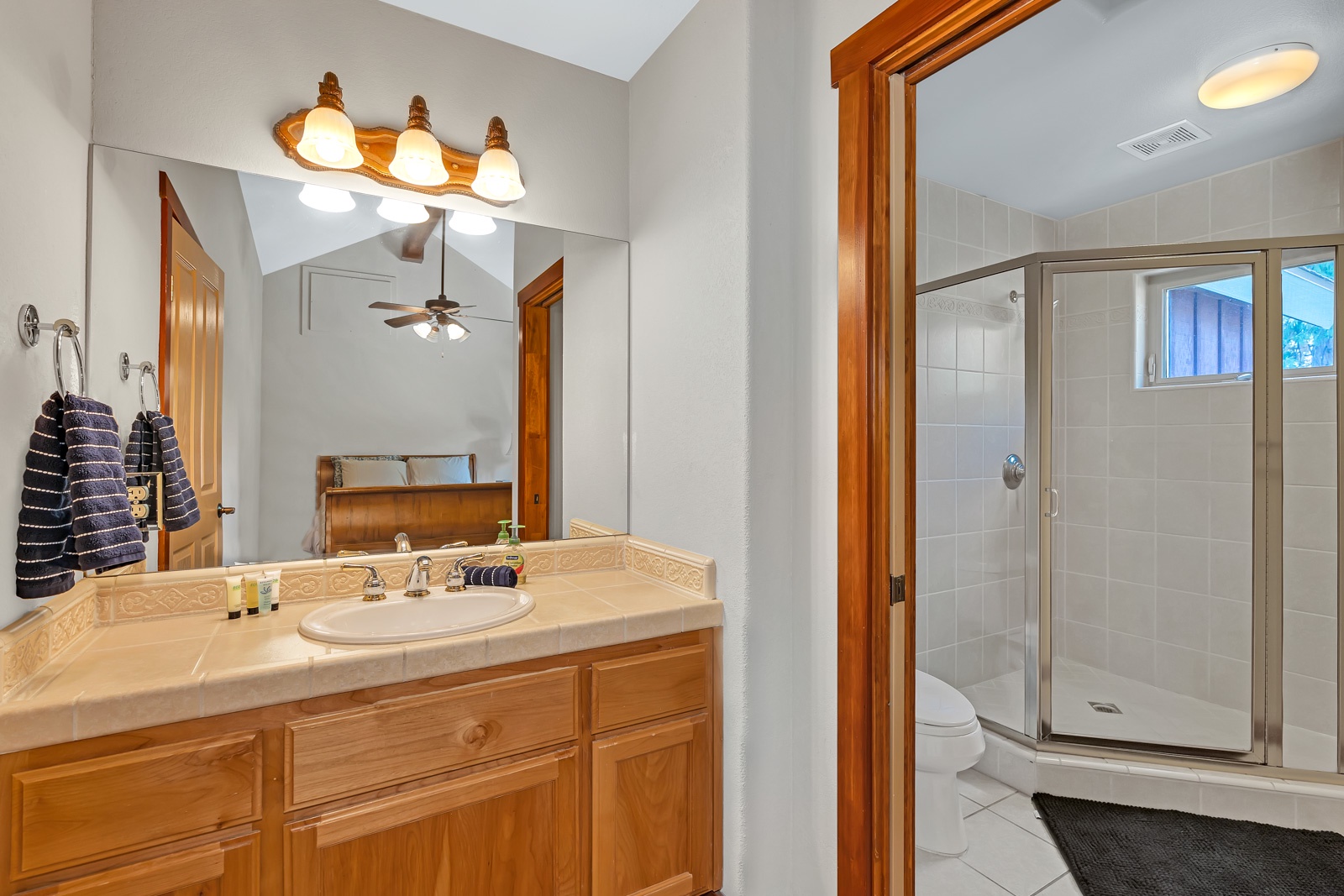 This en suite bathroom includes a single vanity & glass walk-in shower