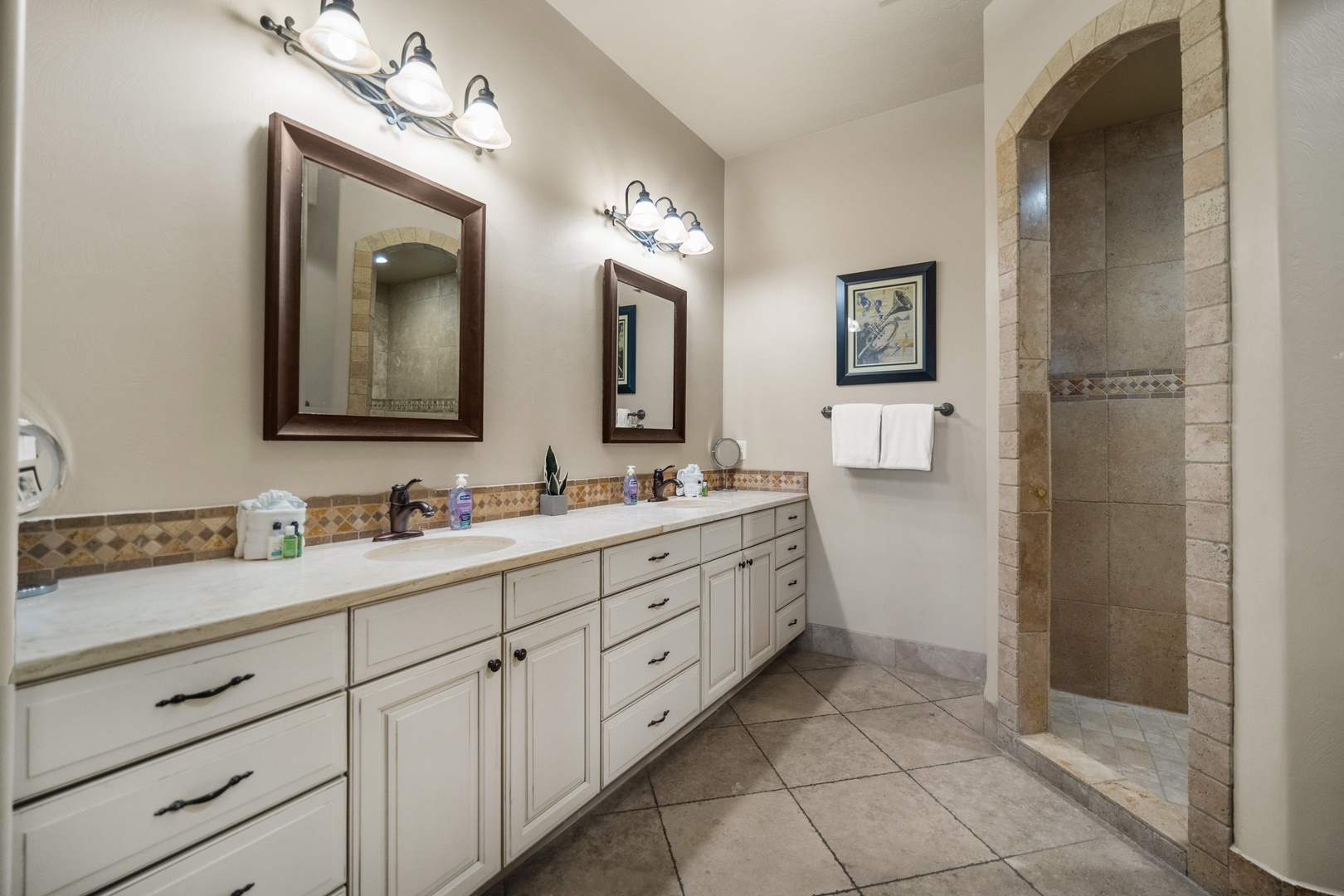 Master bathroom featuring a double vanity, spa tub, walk-in shower, and closet