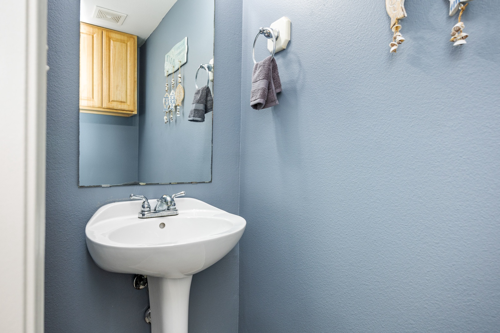 The half bathroom contains a single pedestal sink