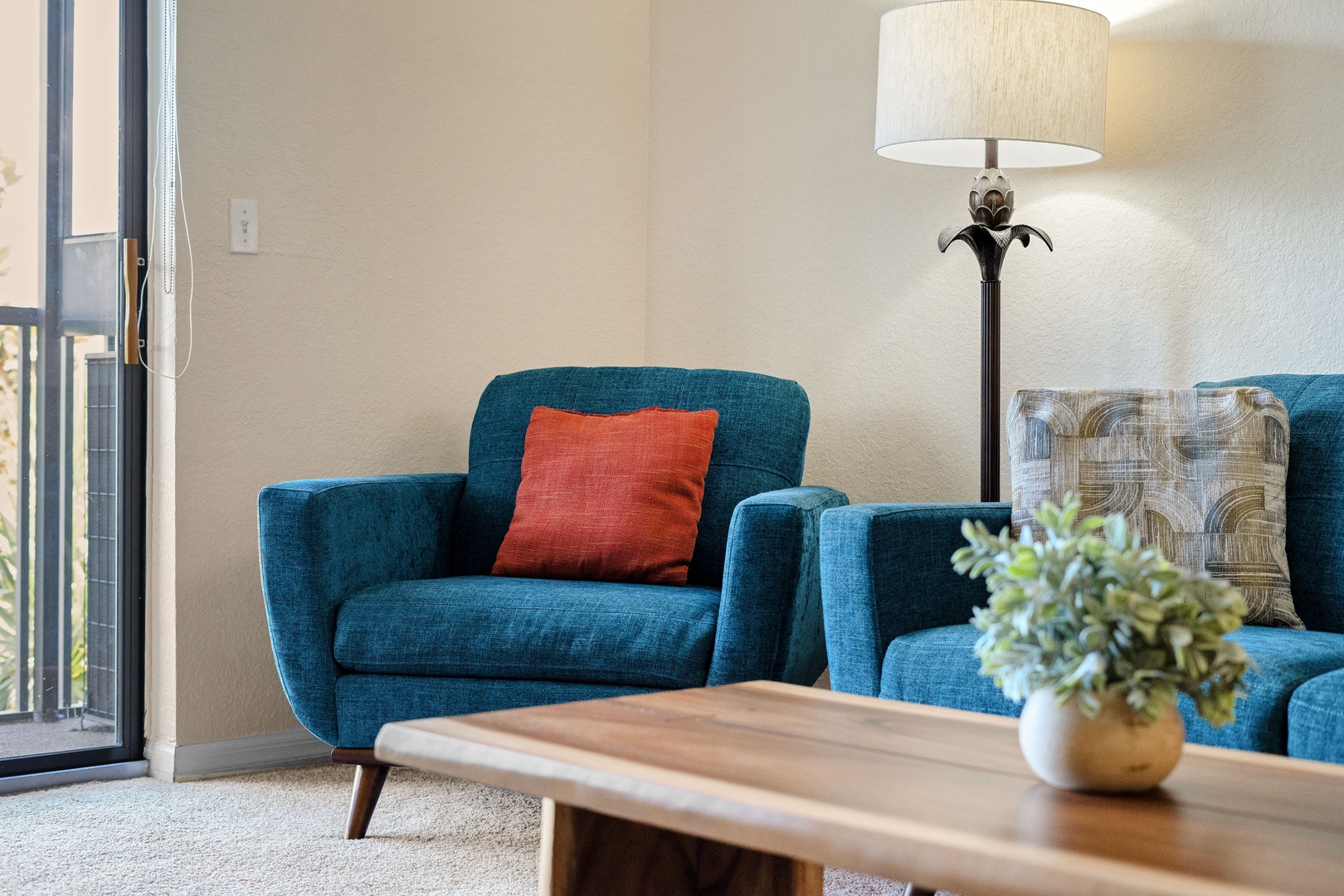 Living room with cozy seating and Smart TV