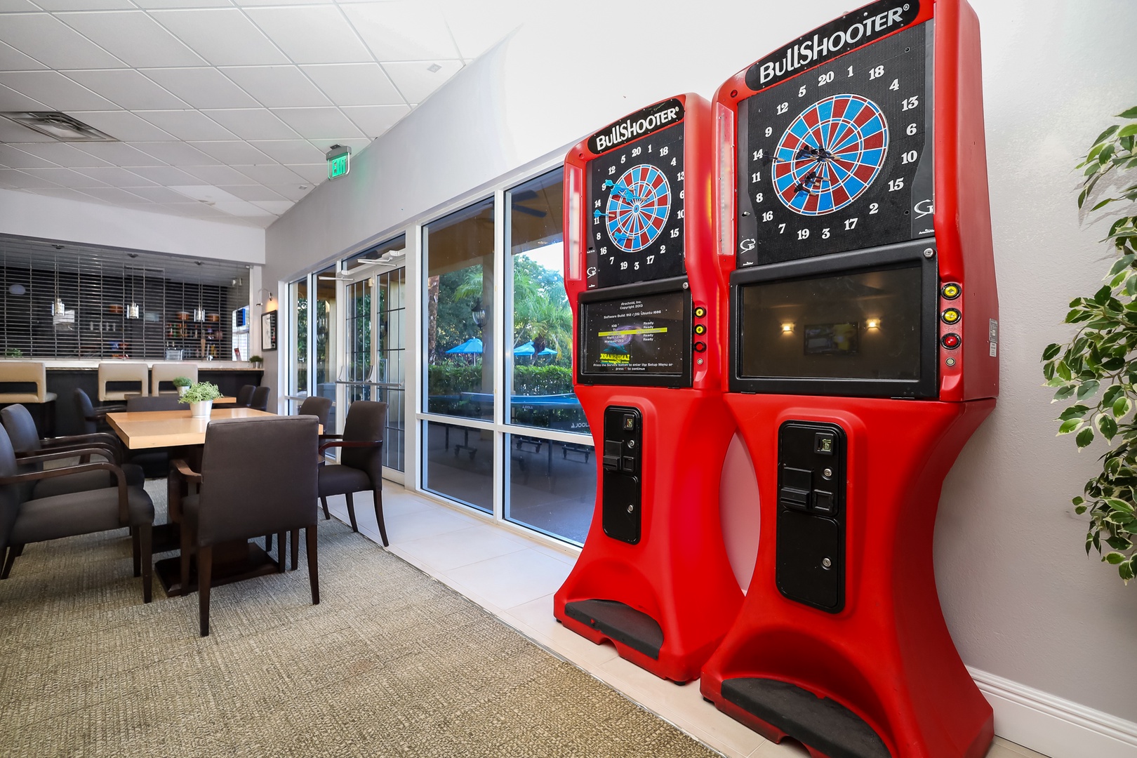 The clubhouse offers pool tables & arcade games for competitive outings