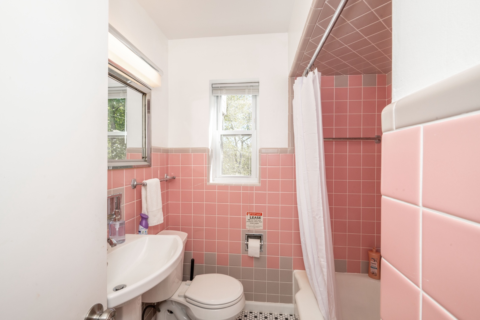 Wash up in the 1st-floor full bath, with a pedestal sink & shower/tub combo