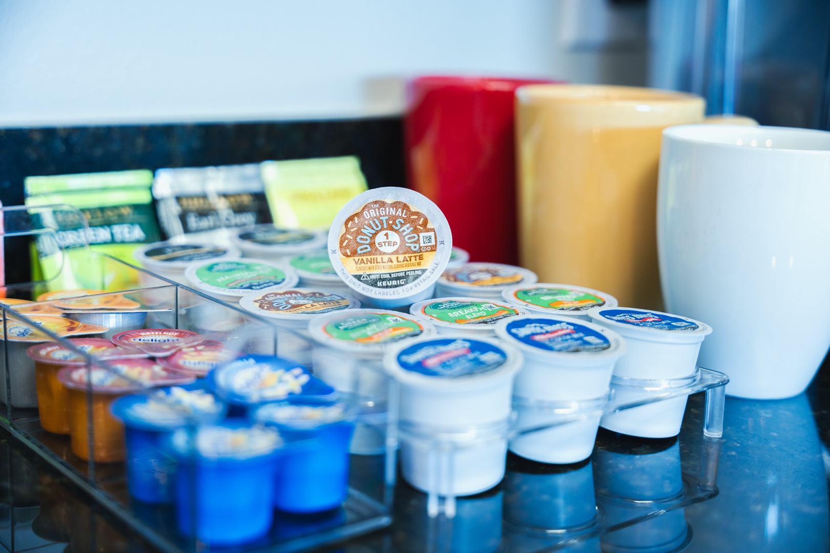 Enjoy a delicious selection of coffee, tea, cream, and sweeteners included with your stay