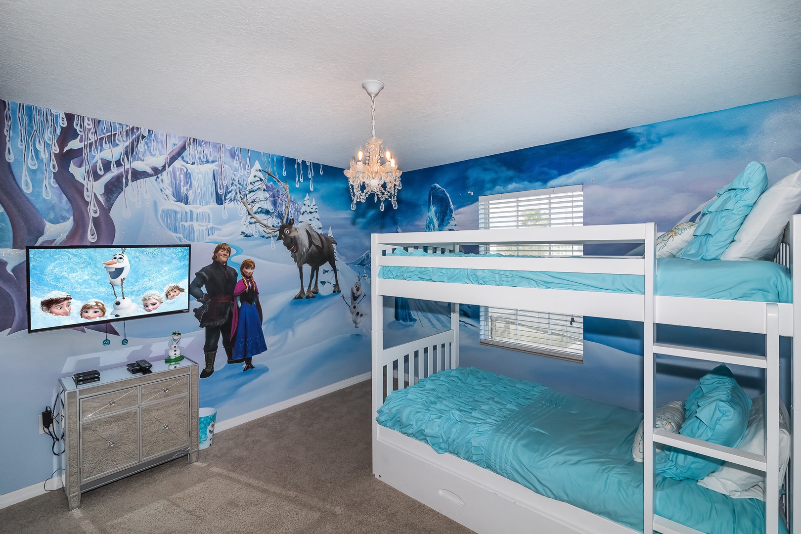 Bedroom 3 Frozen themed with Twin/Twin bunk bed + Twin trundle, and TV (2nd floor)