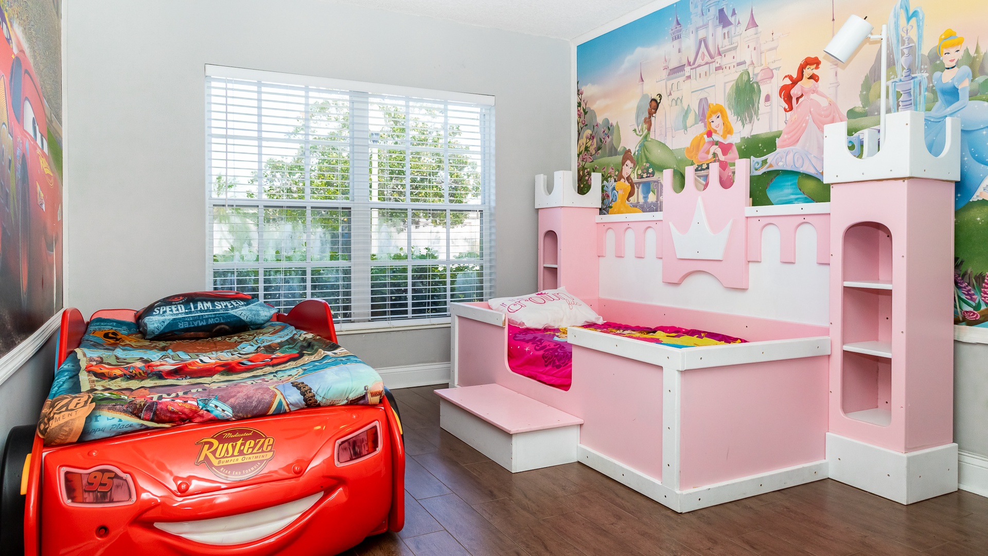 Bedroom #3 - 2 Twin tumbler beds with Princess & Cars themed beds