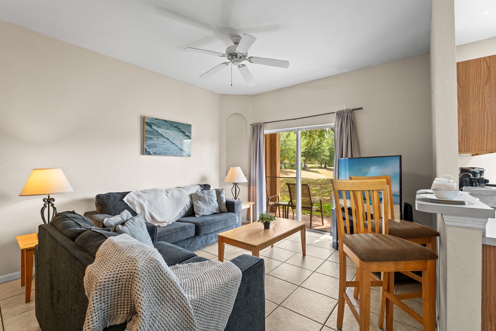 Sip morning coffee or grab a bite at the kitchen counter, with seating for 2