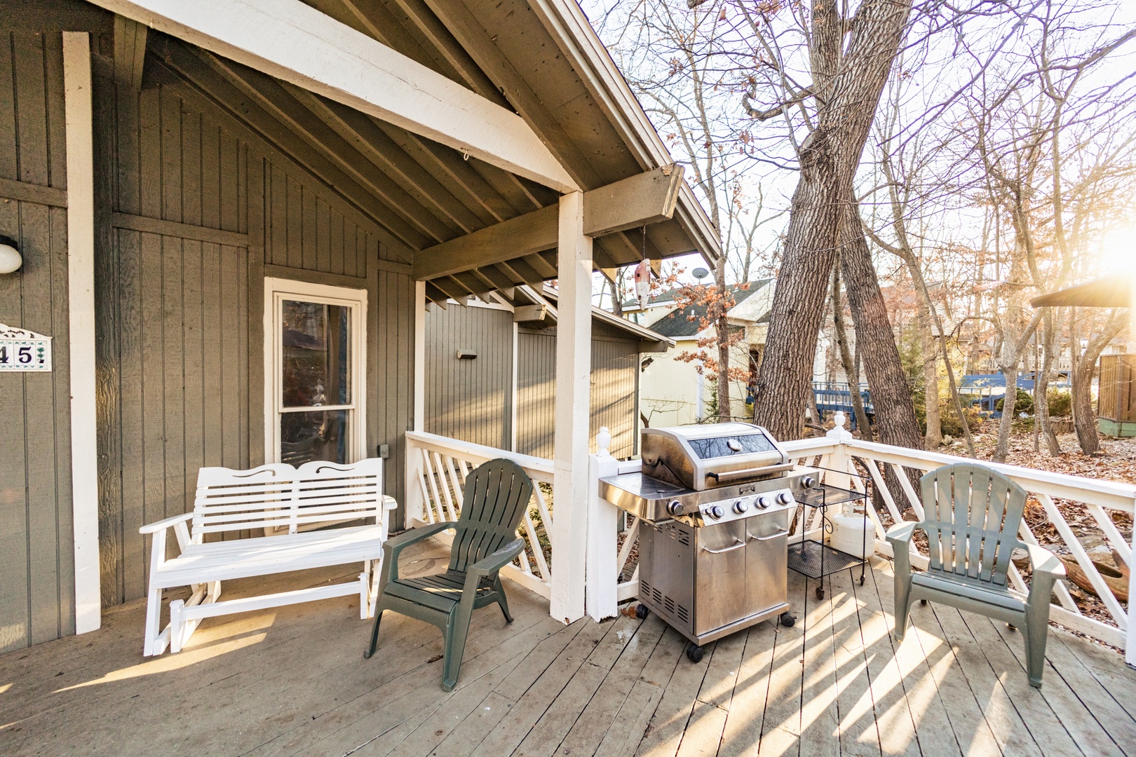 Relax in the fresh air on the front deck while you grill up a feast!
