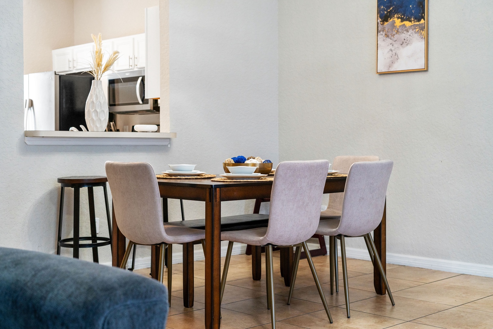 Gather for meals together at the dining table, with seating for 7