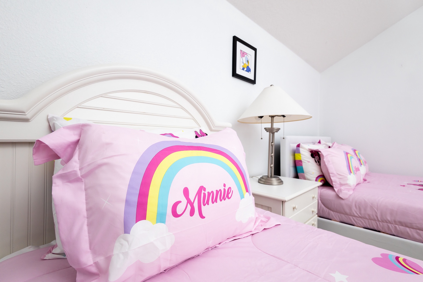Bedroom 3 Minnie Mouse themed with full bed, twin bed, and Smart TV