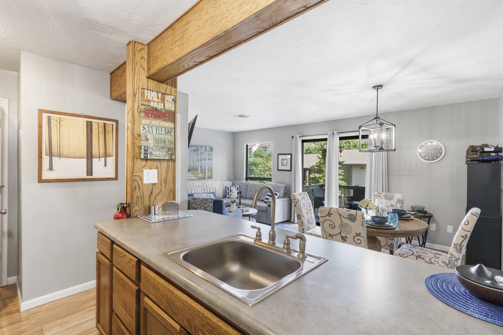 The open, airy kitchen offers ample space & every home comfort