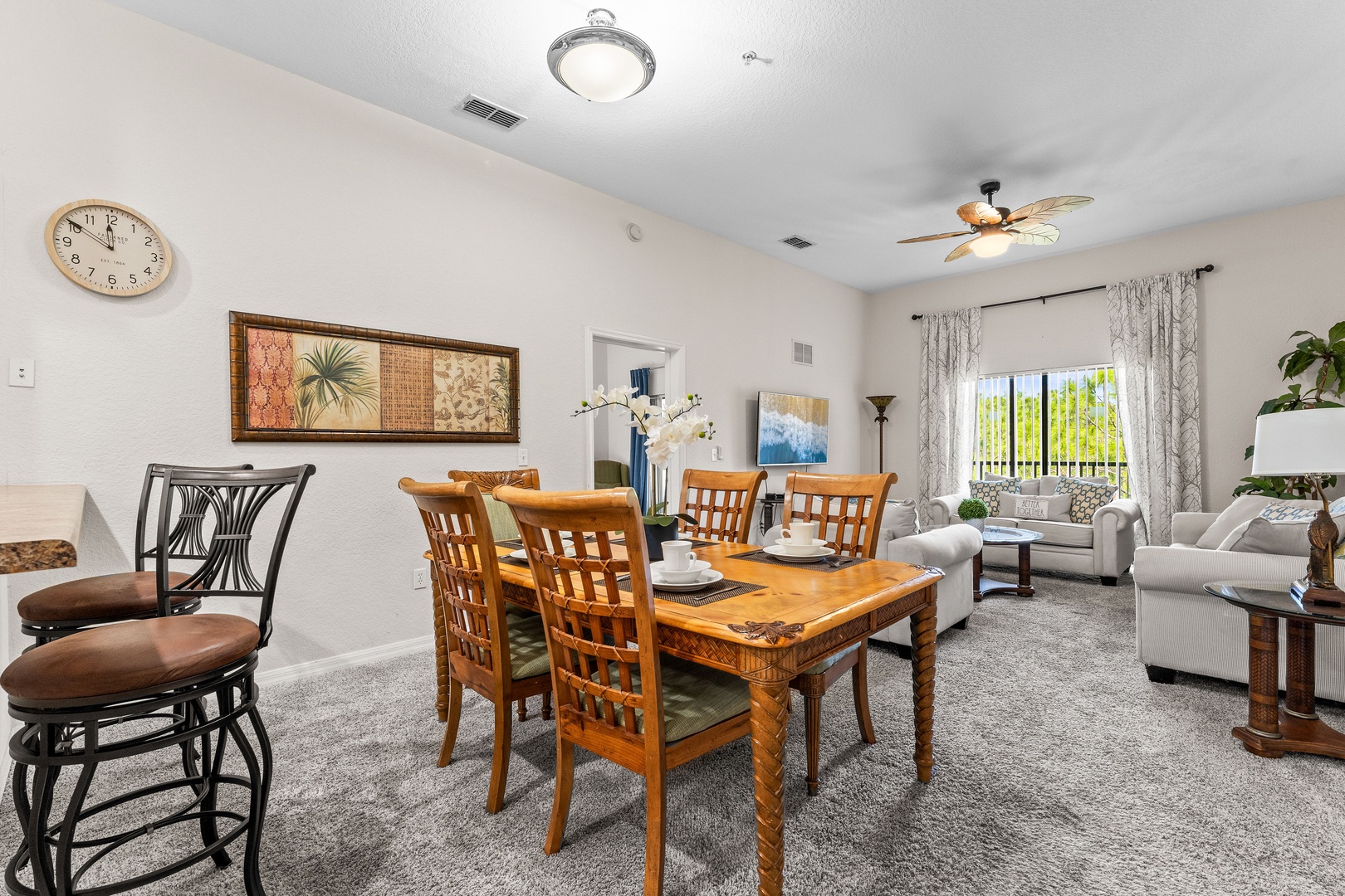 Gather for meals together at the dining table, seating 5