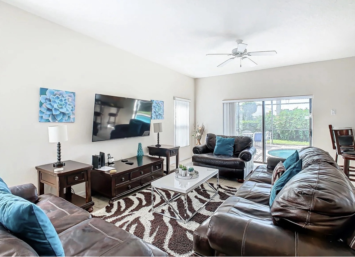 Rear living area with leather seating and Smart TV
