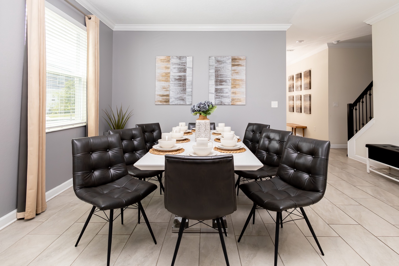 Gather for meals together at the dining table, with seating for 8