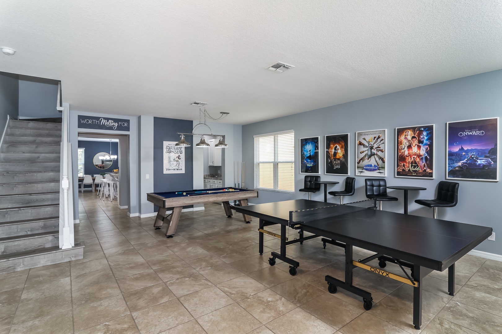 Inside game room with pool table, and ping pong